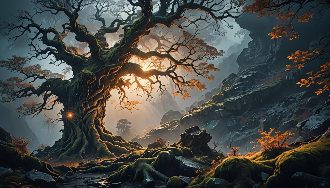 Glowing Ancient Tree on Misty Mountain