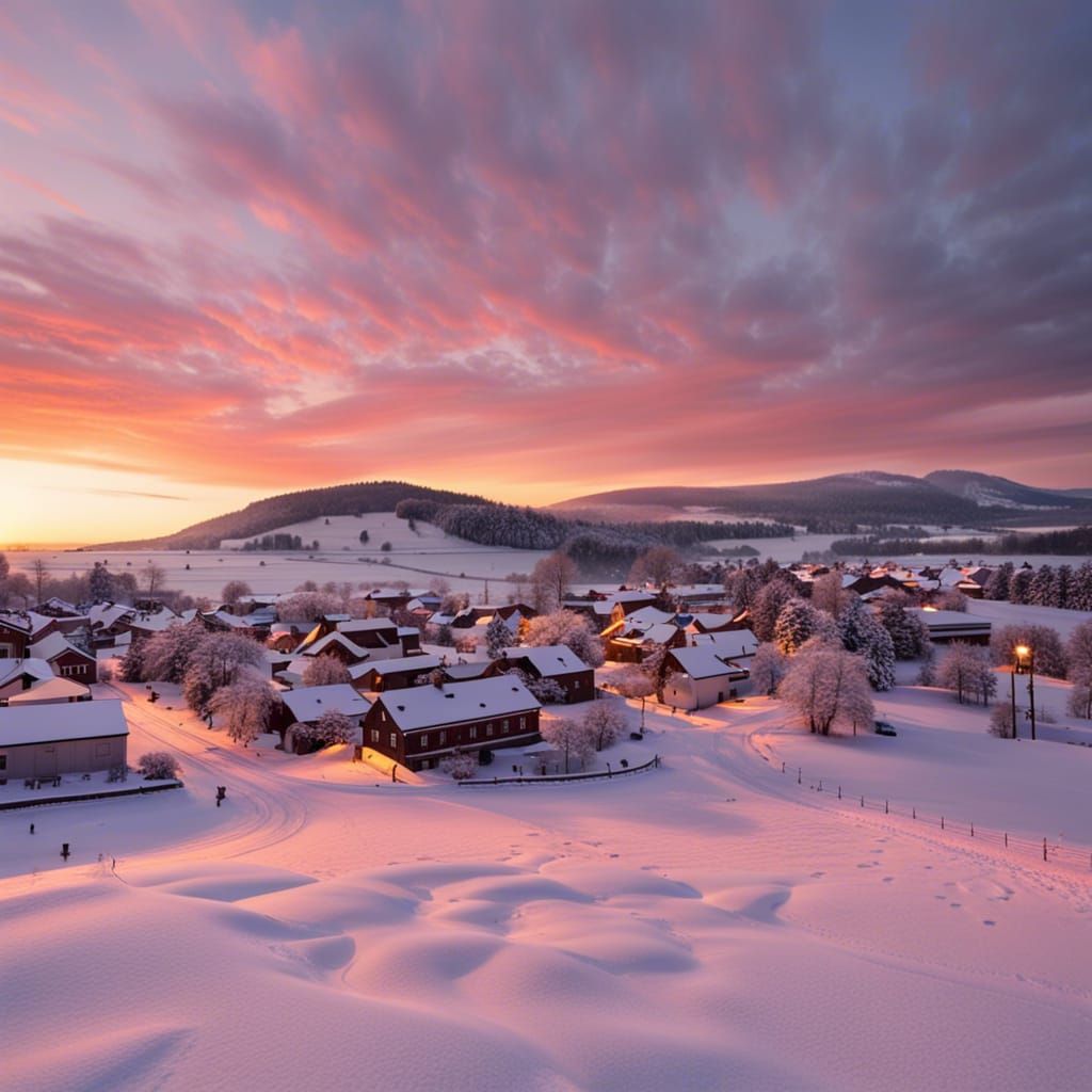 Sunset Over Snowy Small Town Landscape