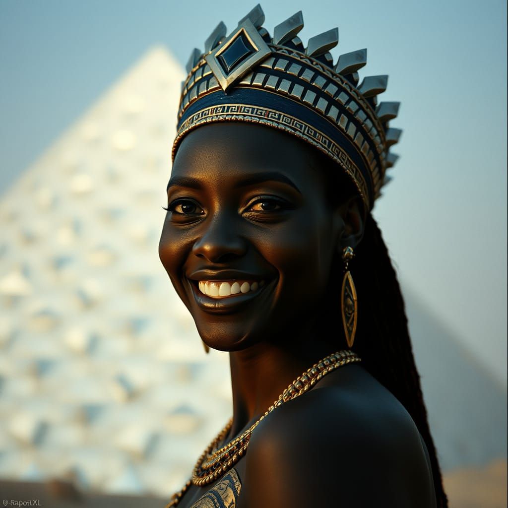 Egyptian Woman with Silver Pyramid in Photorealistic Style