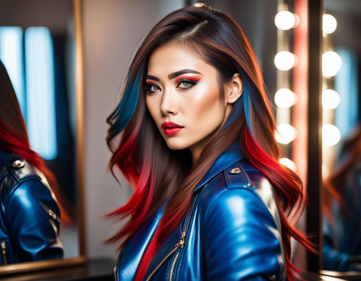 Beautiful Asian Woman with Vivid Hairstyle in Close-up