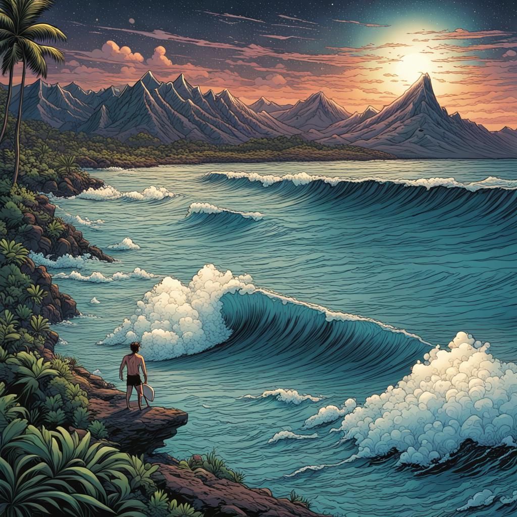 Hawaiian Night Surfing: Comic Book Art
