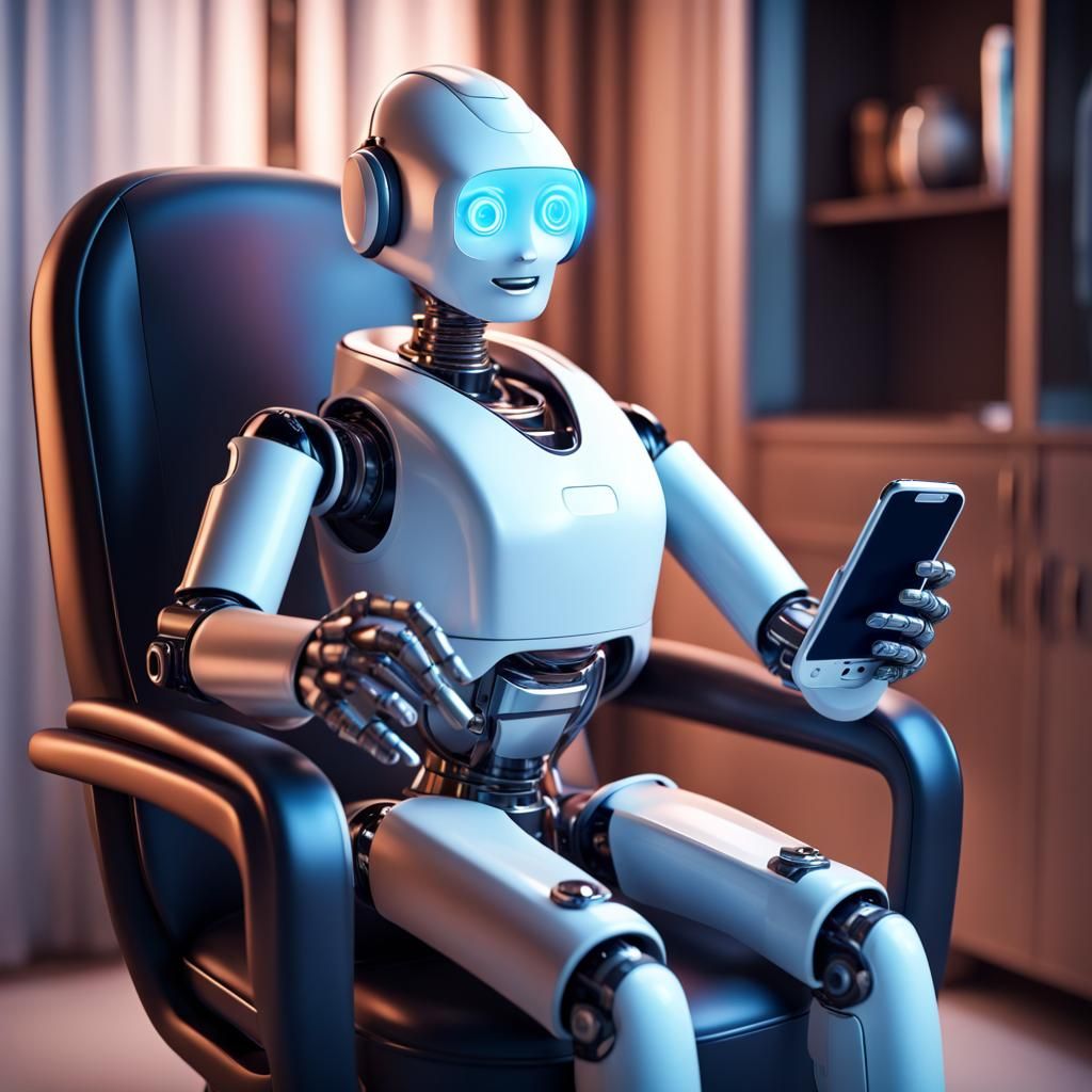 Futuristic Robot Butler with Smartphone Portrait