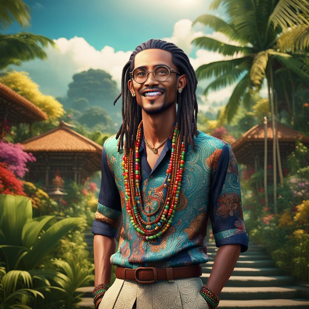 Balinese Man with Dreadlocks in Art Deco Style