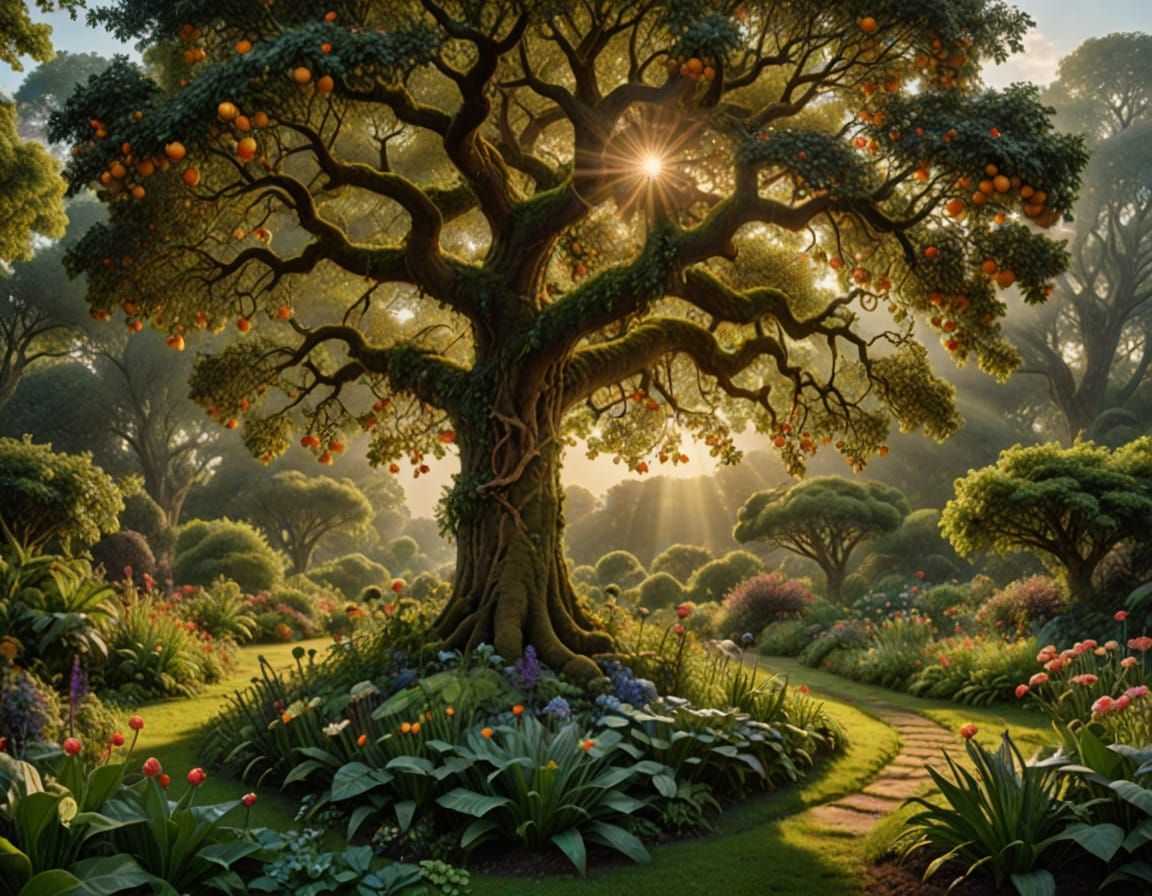 Vibrant Garden of Eden Scene with Majestic Tree of Life