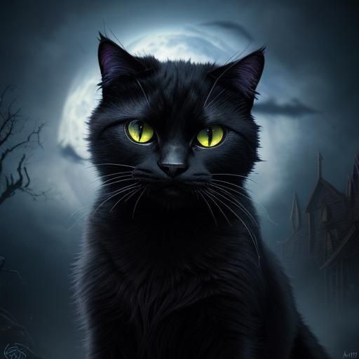 Creepy Feral Black Cat Under Halloween Sky