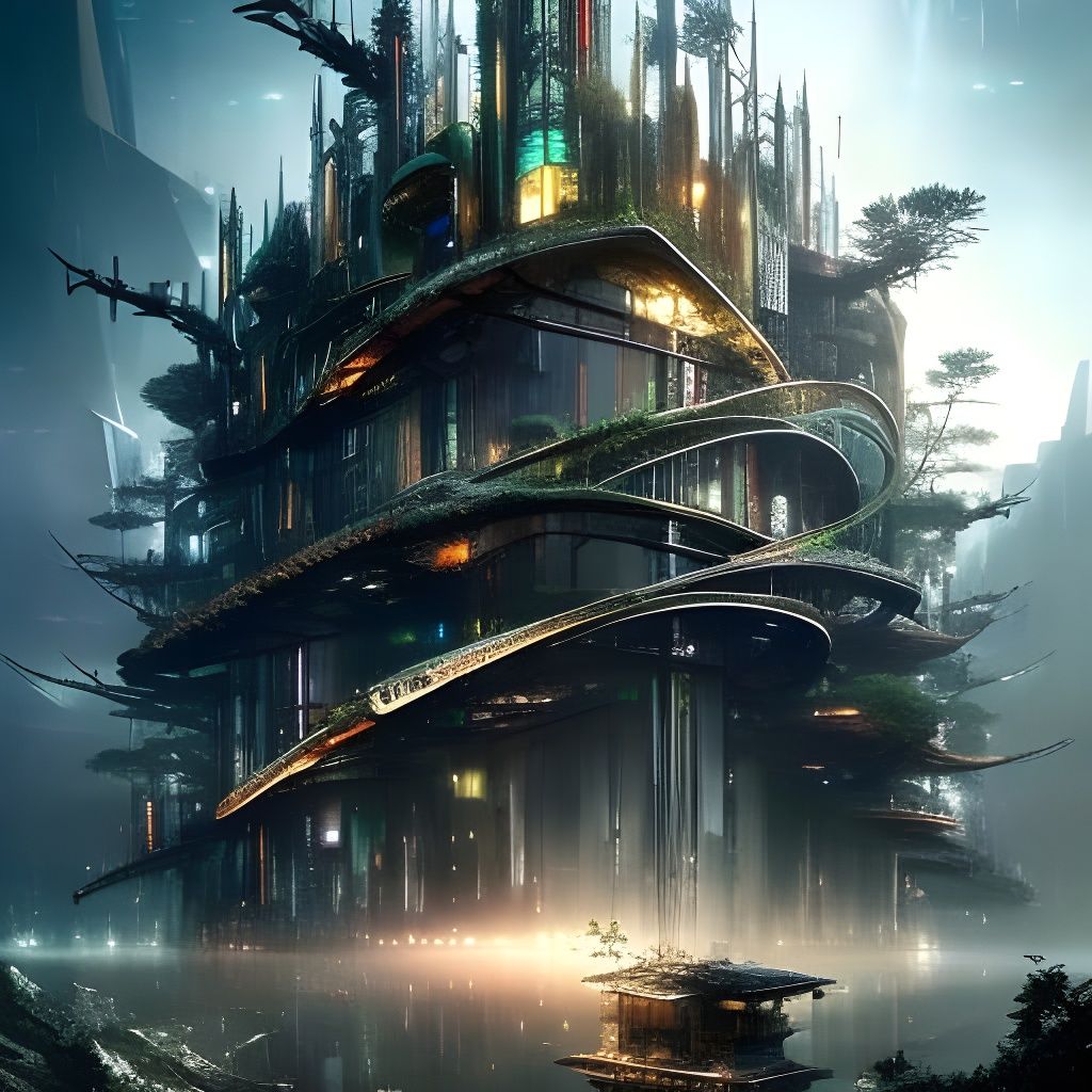 Cyberpunk crystal bonsai building