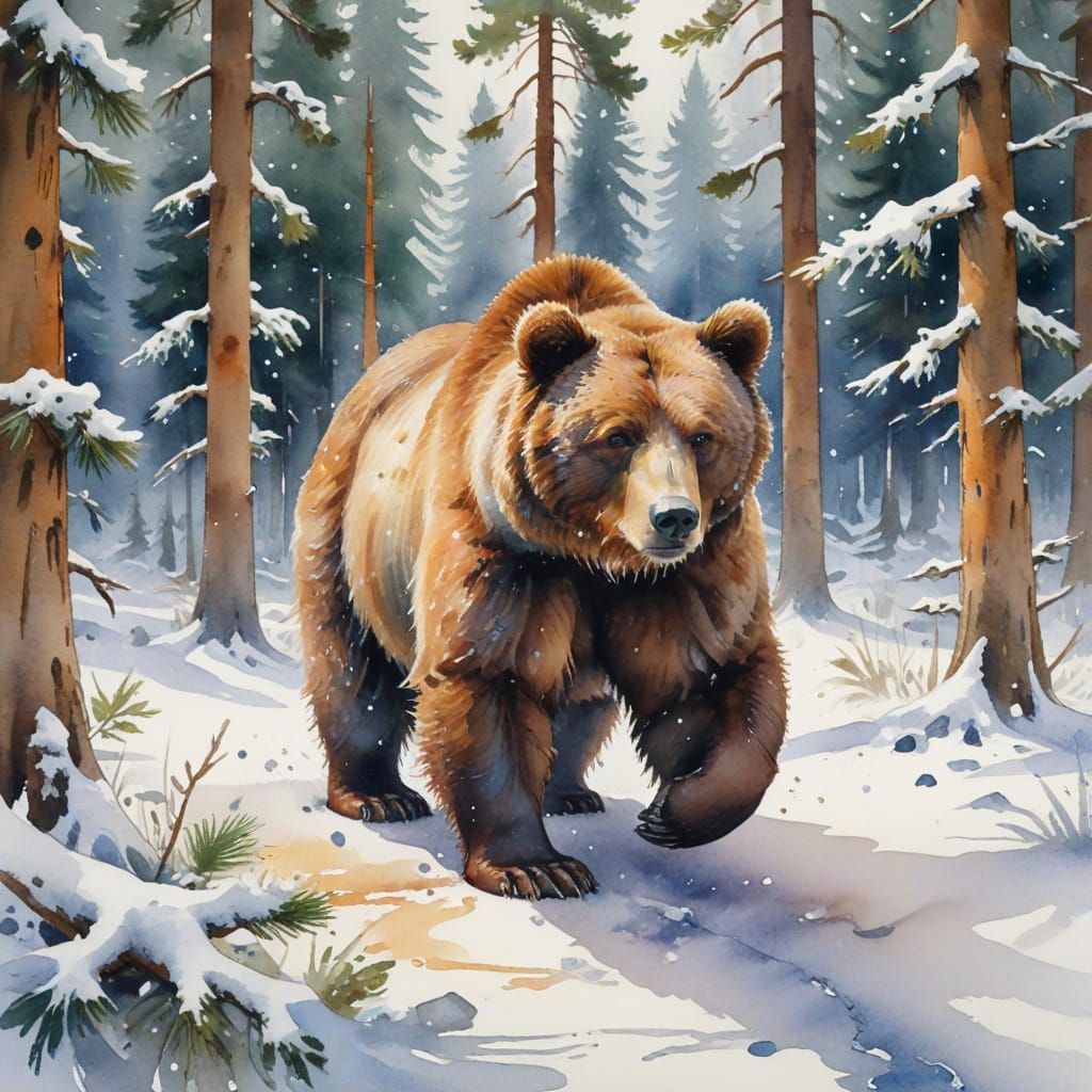 Bear in Snowy Glade: Klimt, Turner, Ross Fusion