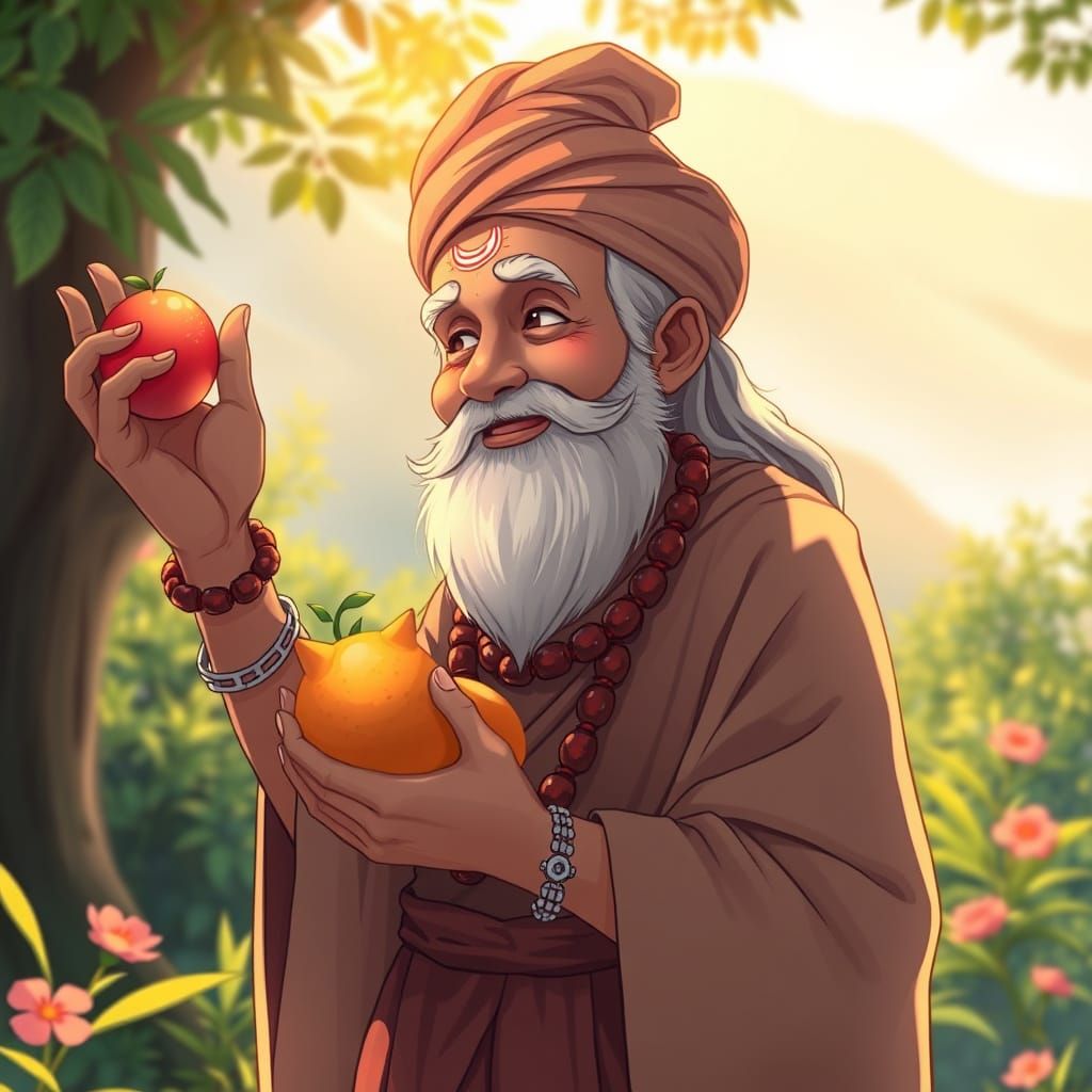 Indian Saint with Fruits in Anime Key Visual Style