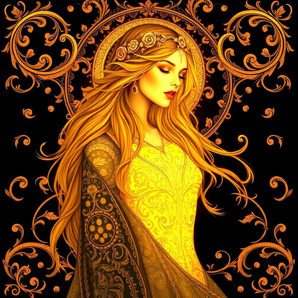 Ethereal Bioluminescent Maiden with Golden Filigree Designs