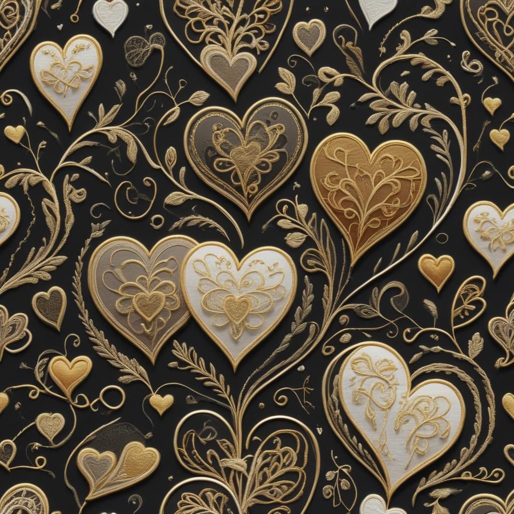 Elegant Embroidered Hearts Illustration in White and Gold