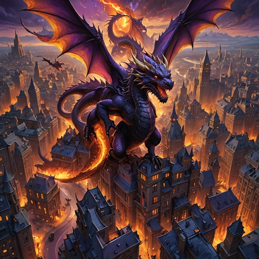 Dragons Attack City in Dark Fantasy Style