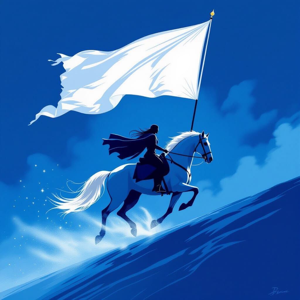White Flag Dominates Blue Background With Galloping Rider