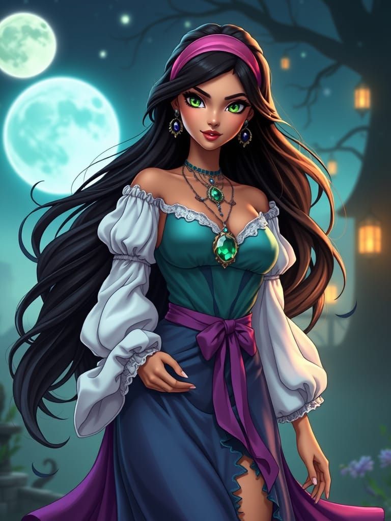 Enchanted Gypsy Maiden in Whimsical Moonlit Scene