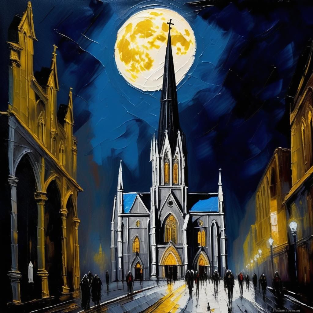 Gothic Church Under Moonlight as Palette Knife Painting