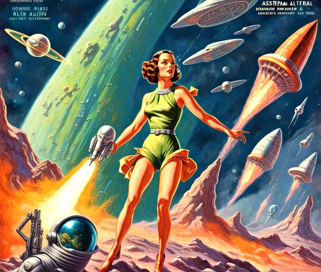 Pulp Sci-Fi Magazine Cover: Hero and Heroine vs. Aliens