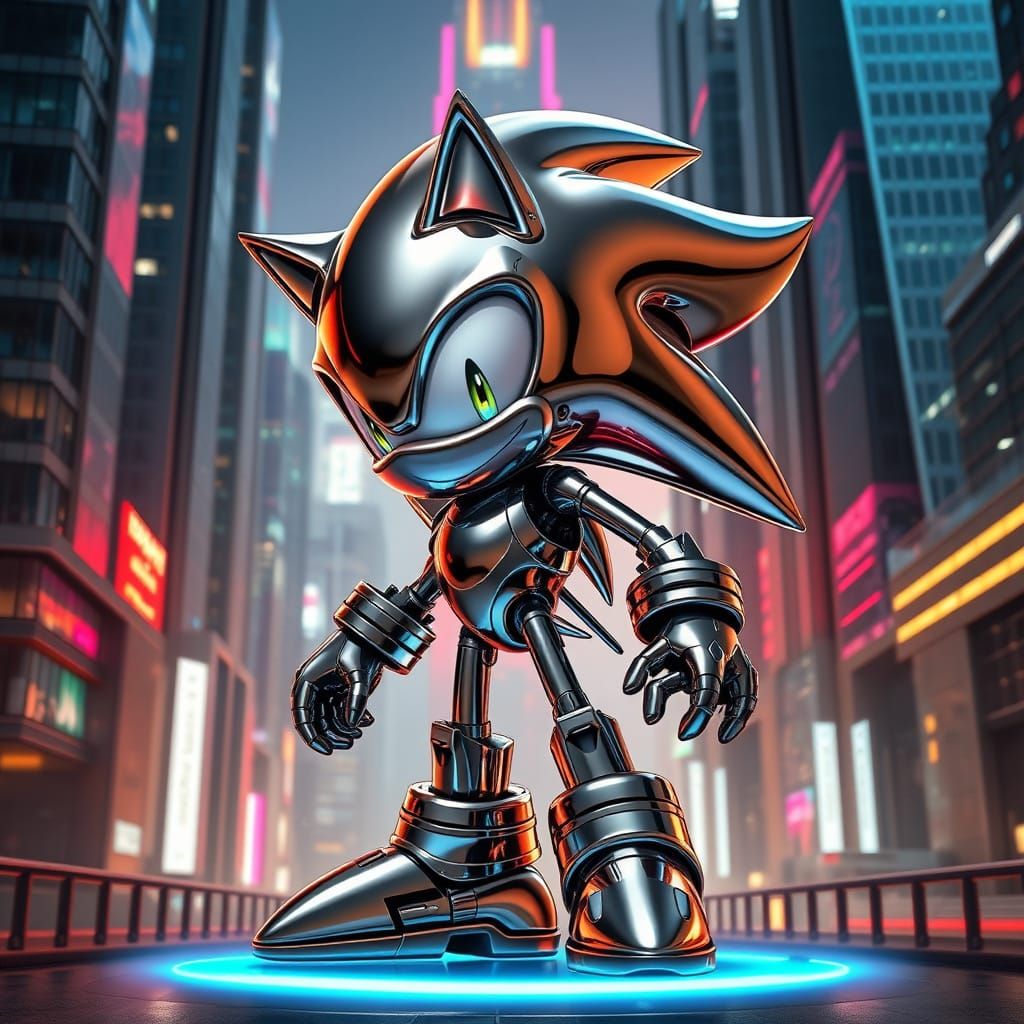 Cyberpunk Robot Sonic Shines with Mirrored Metal in Futurist...