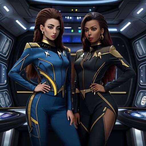 Two stunning beauty African women, are in a control room (wearing Star Trek badges:1.7). They sport different hairstyles...