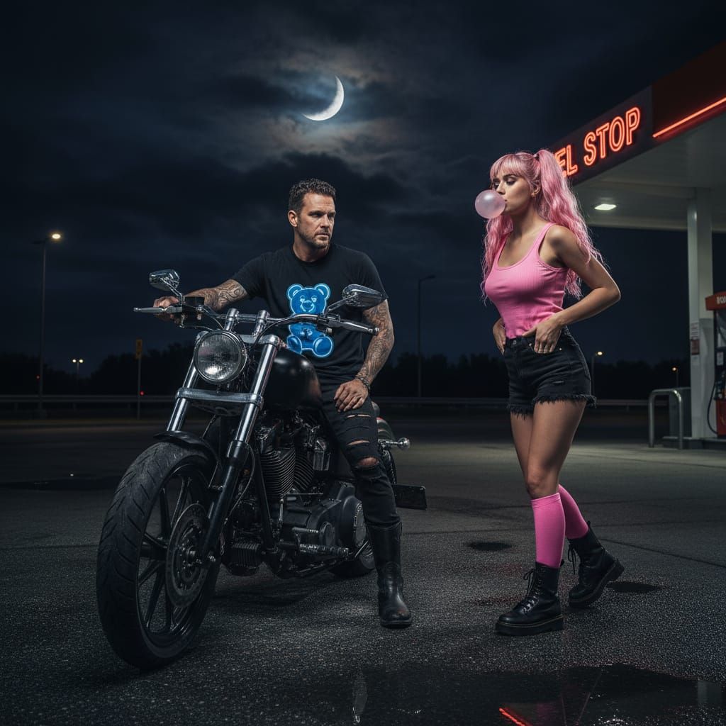 Biker and Woman Meet at Gas Station Night