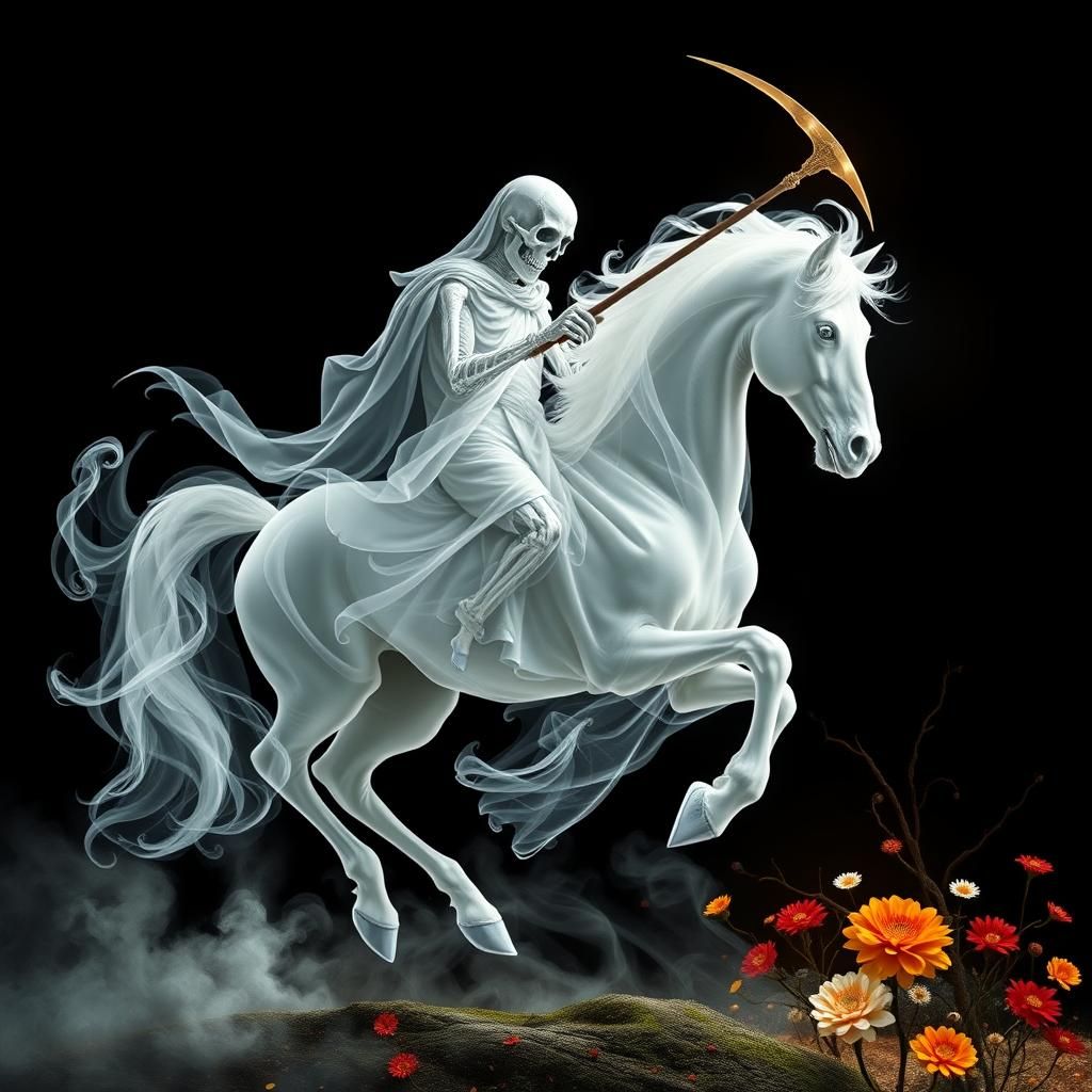 ghostly figure of a spooky centaur ,Sagittarius formed entirely out of swirling, translucent white smoke. The Grim Reape...