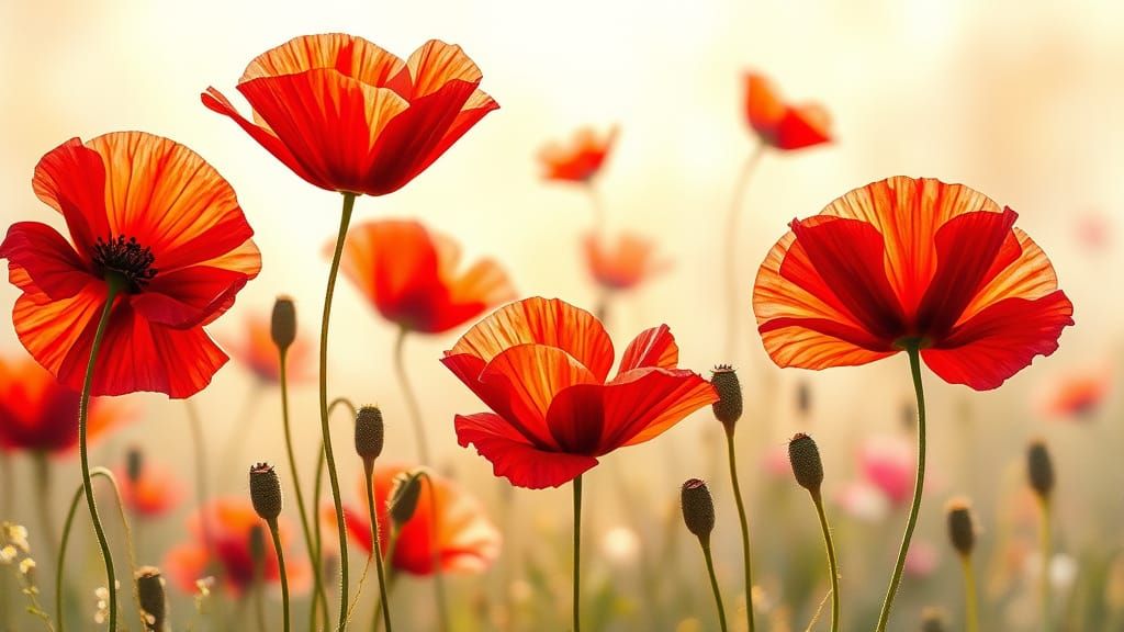 Vibrant Red Poppies in Soft Light and Gentle Breeze