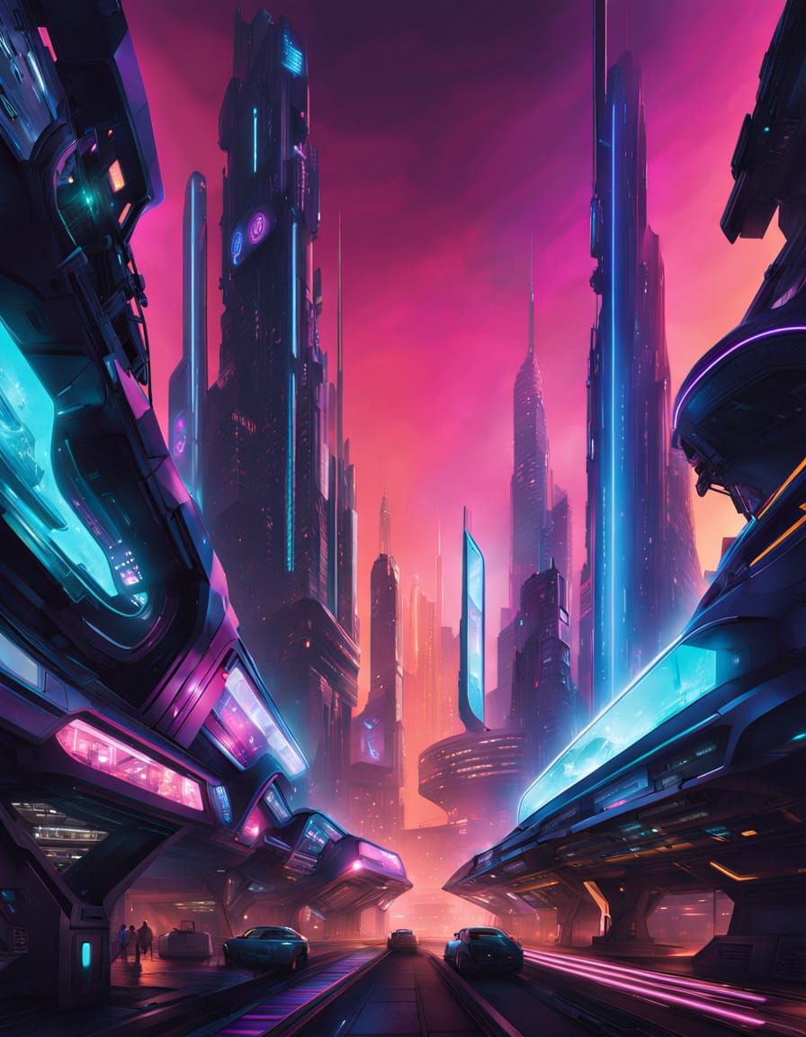 Dazzling Futuristic Cityscape at Night in Cyberpunk Style