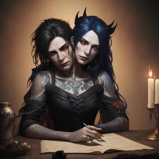 Tattooed Vampire Magician Couple Portrait in Fantasy Style