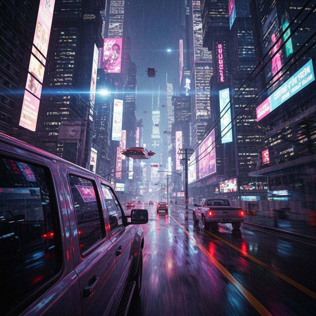 Cyberpunk Cityscape at Night: Neon Lights & Flying Cars