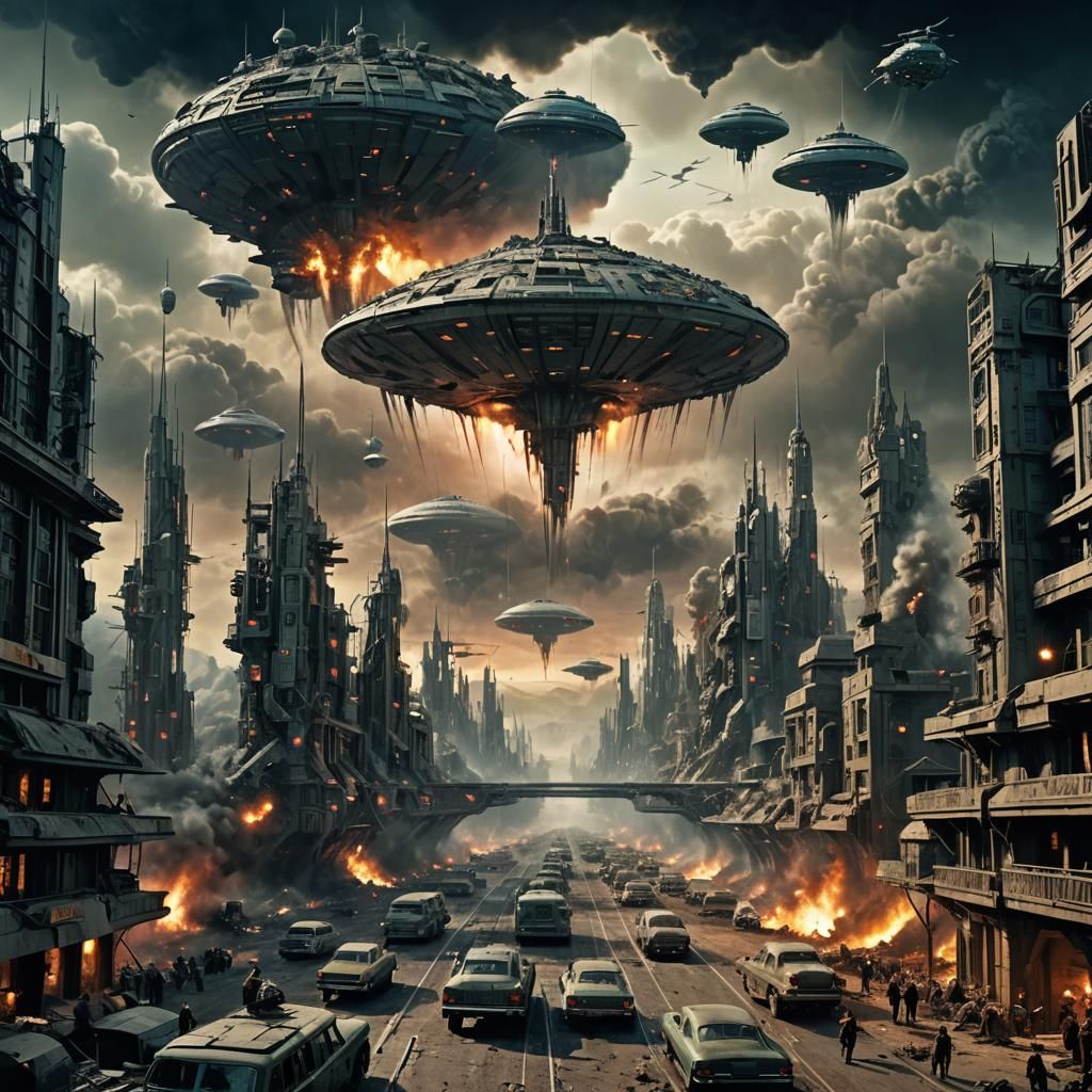 Vintage Futuristic War of the Worlds Scene