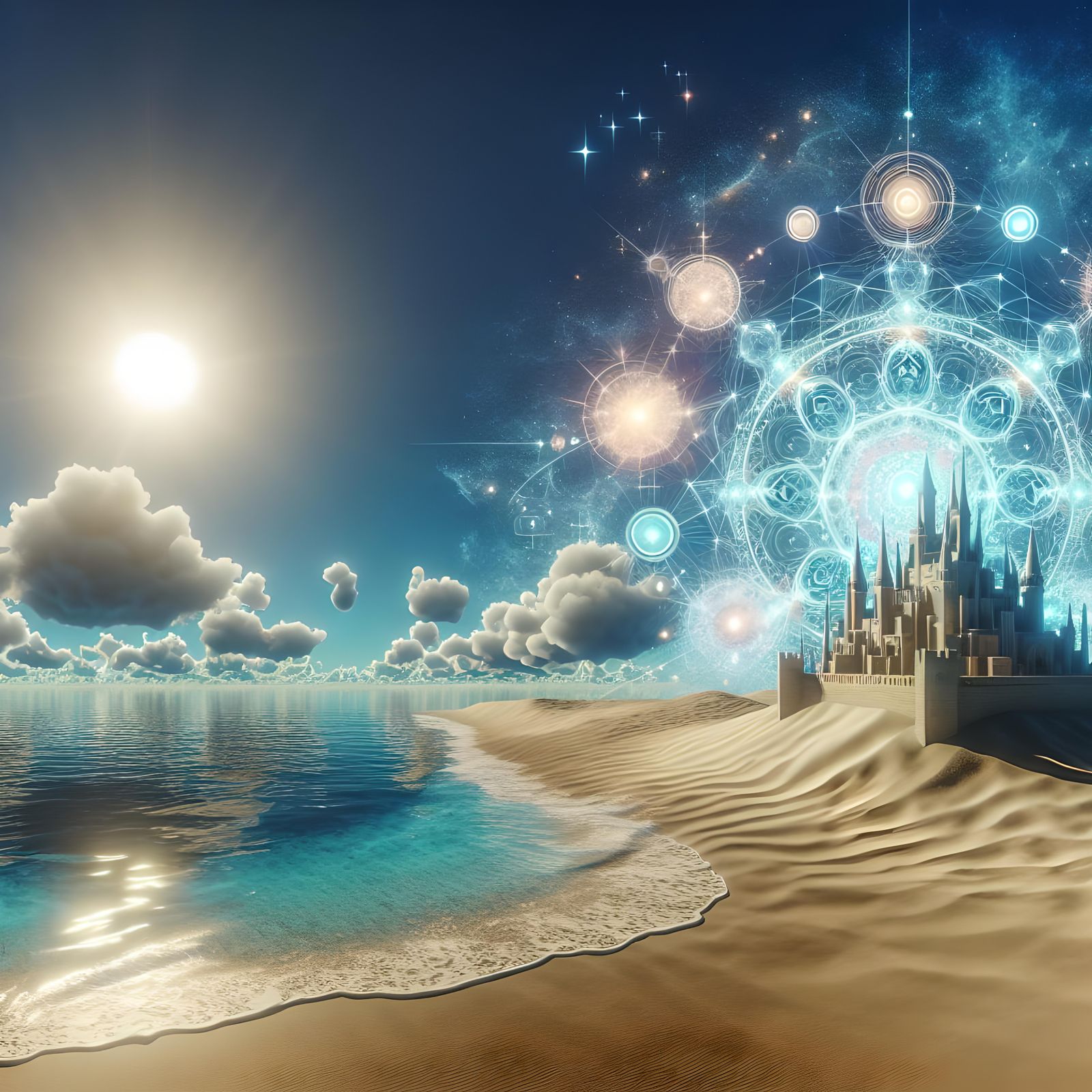 Sandcastle on Beach with Cosmic Elements