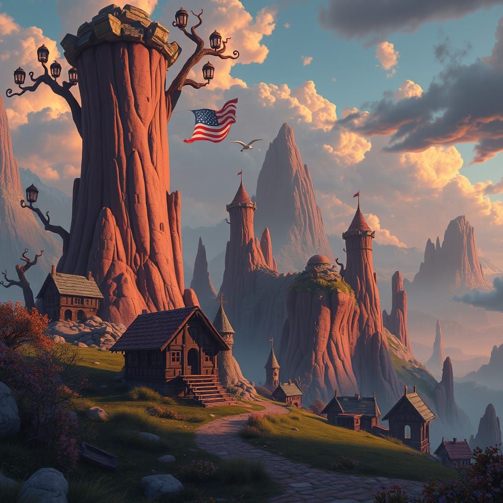 Fantastical Cartoon Scene in Cyberpunk Aesthetic