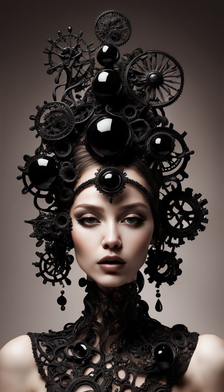 Surrealistic Goddess of Black Onyx in Biomechanical Headdres...