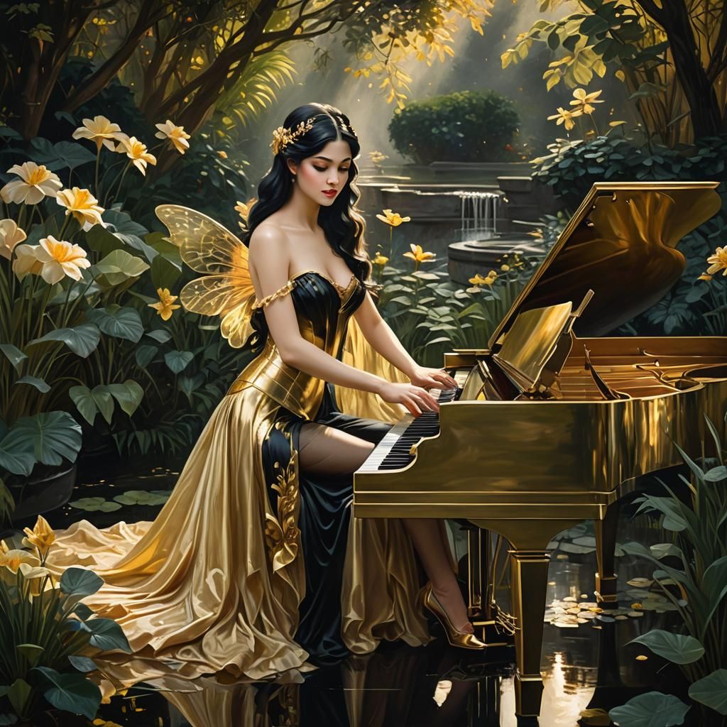Noir Fairy Plays Piano in Dreamy Garden