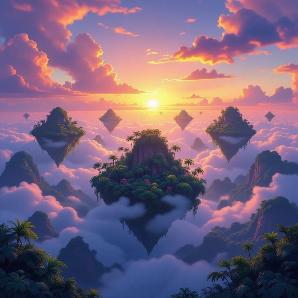 Floating Islands at Sunset: Hyperrealistic Concept Art