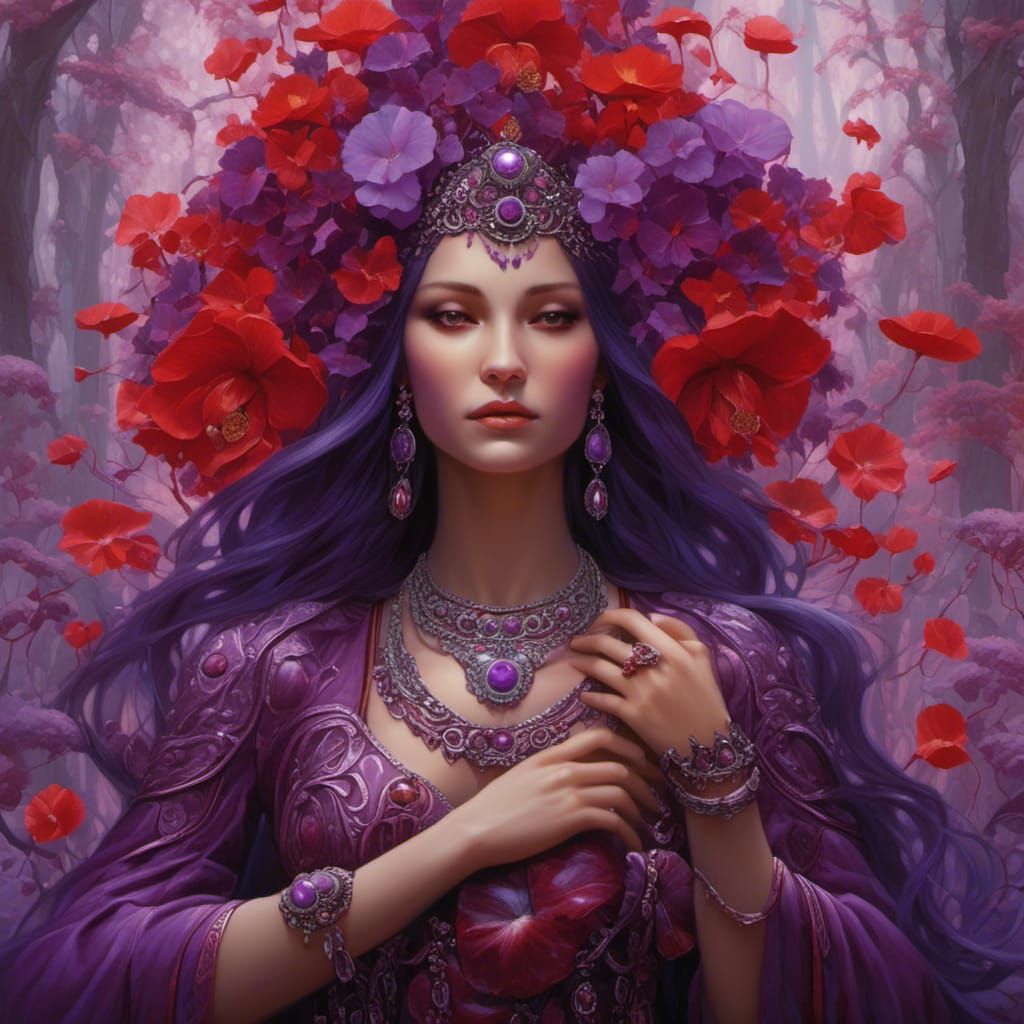 Red and Purple Druidess in Lotus Grove