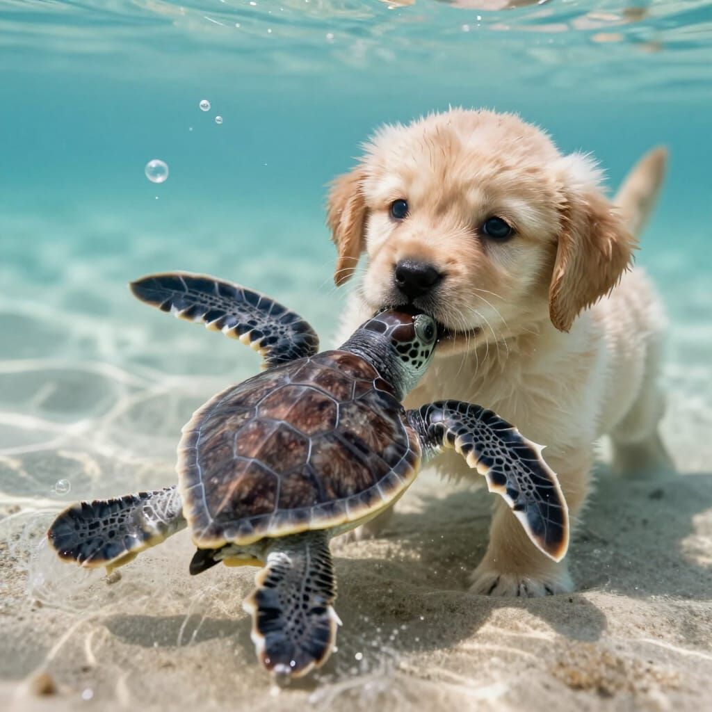 Puppy Rescues Baby Turtle in Shallow Water