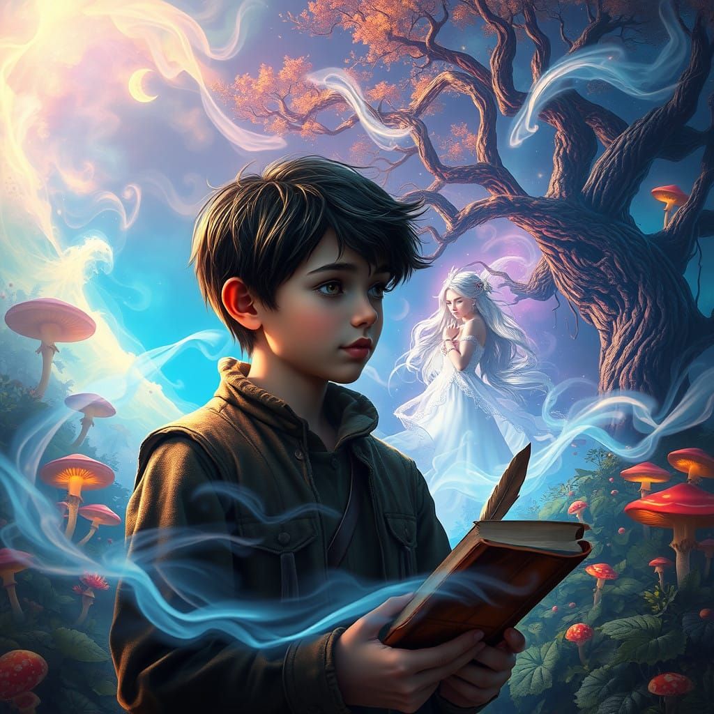 Boy Contemplating Mystical Girl in Enchanted Forest