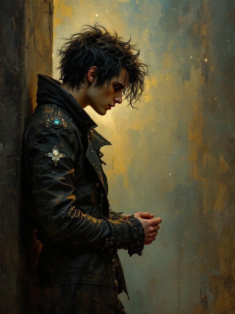 Punk Rocker in Art Nouveau Style Awaits Night Out