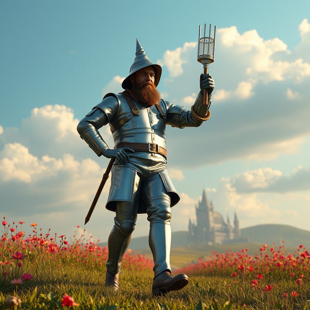 Surreal Full-Figure Tin Man in Vibrant Fantasy World