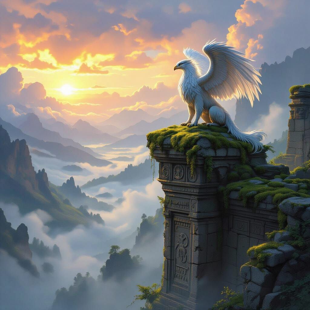 Majestic Griffin on Ancient Ruins at Dawn