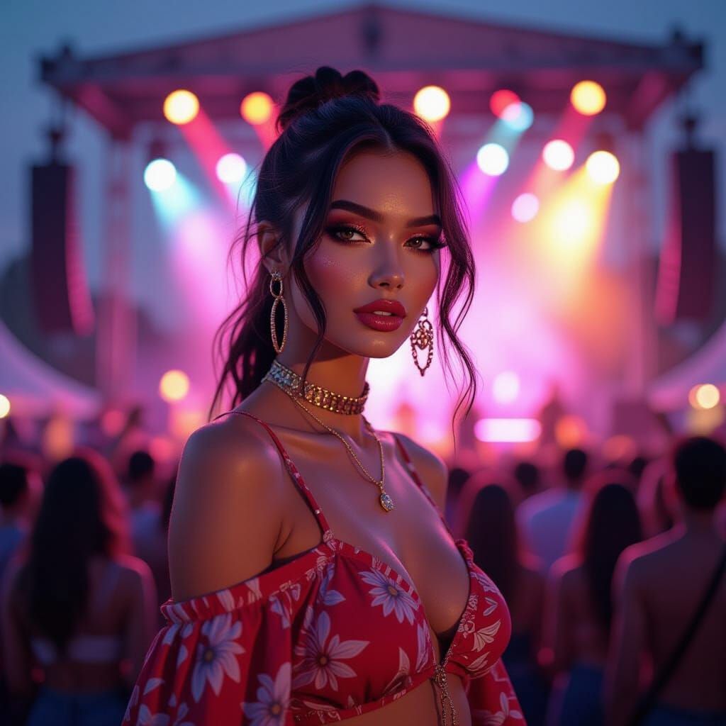 Glamorous Model at Music Festival in 3D Anime Art Style
