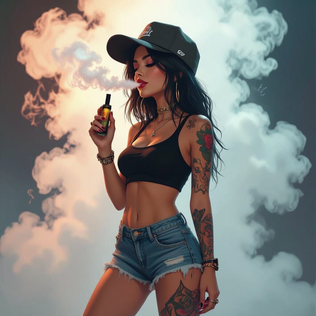 Girl Vaping with Tattoos in Emo Style