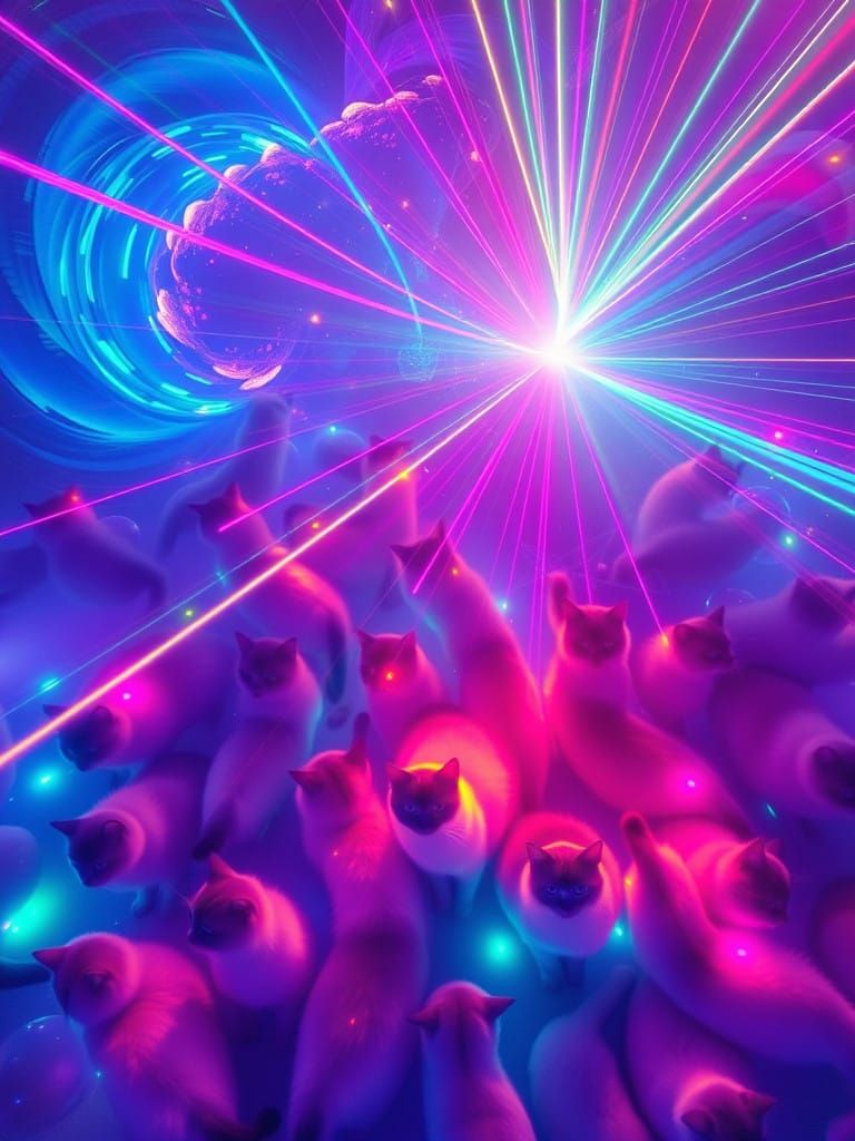 Cyberpunk Cats Dance Amidst Neon Rainbow Glowing Fibonacci S...