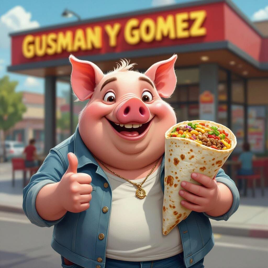 Happy Pig Enjoying Burrito in Cartoon Style