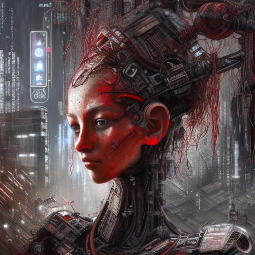 Red Robot in Greyscale Cyberpunk Tokyo City