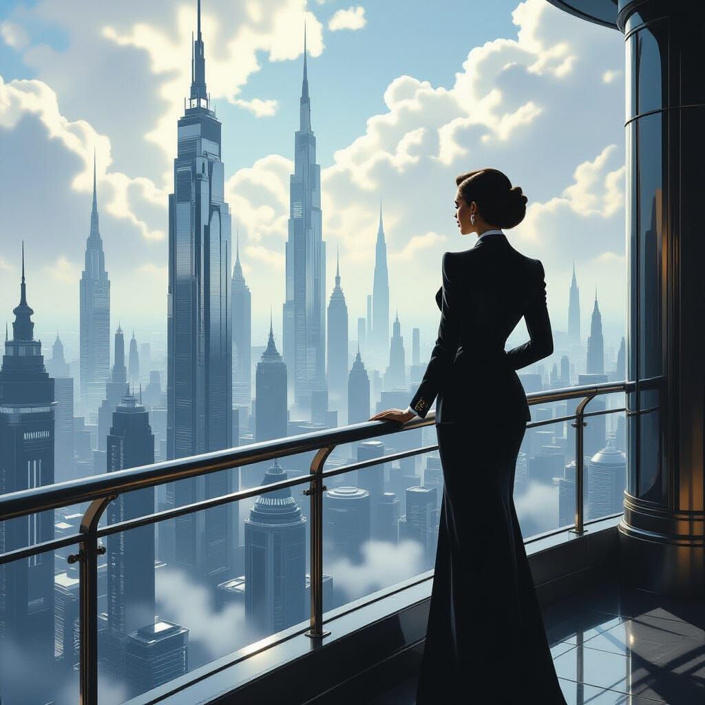 Businesswoman in Art Deco Suit Overlooking Retro City