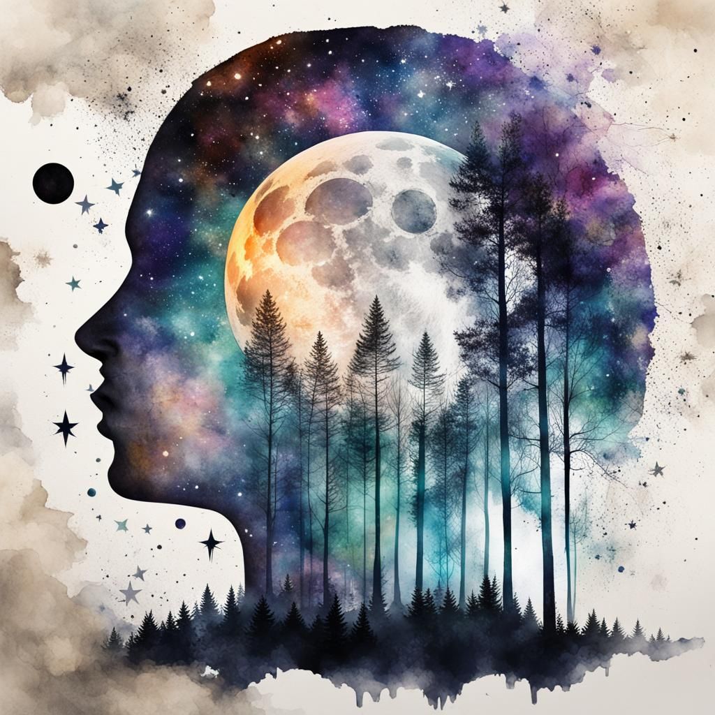Double Exposure: Forest Moon with Galaxies and Stars
