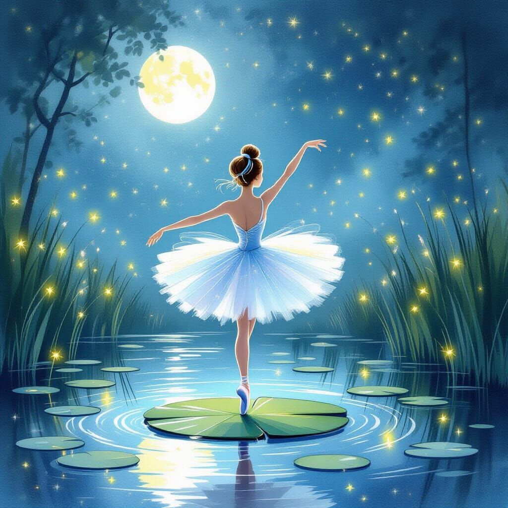 Ballerina of Stardust Dances on Moonlit Pond