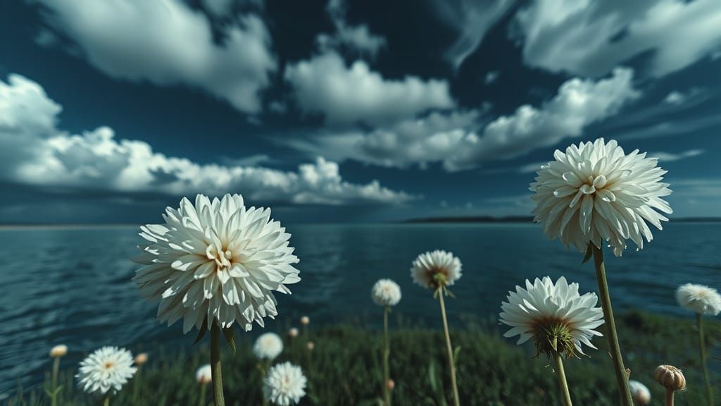 Moody Lake Blooms Under Stormy Sky