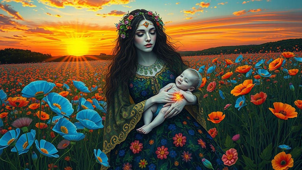 Mother and Child in Vibrant, Dreamlike Scene with Swirling E...