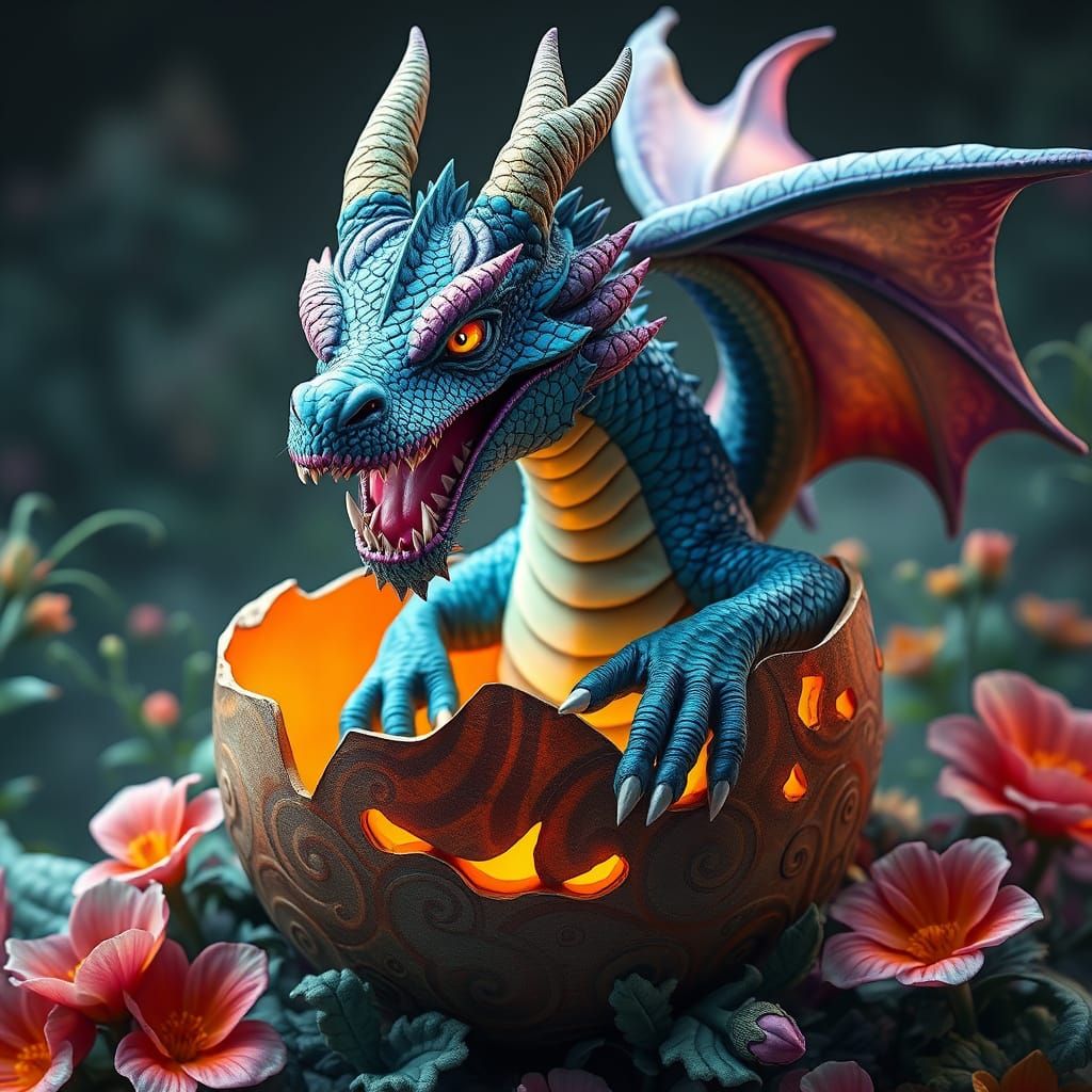 A 3D digital artwork of a fantastical scene with a dragon em...